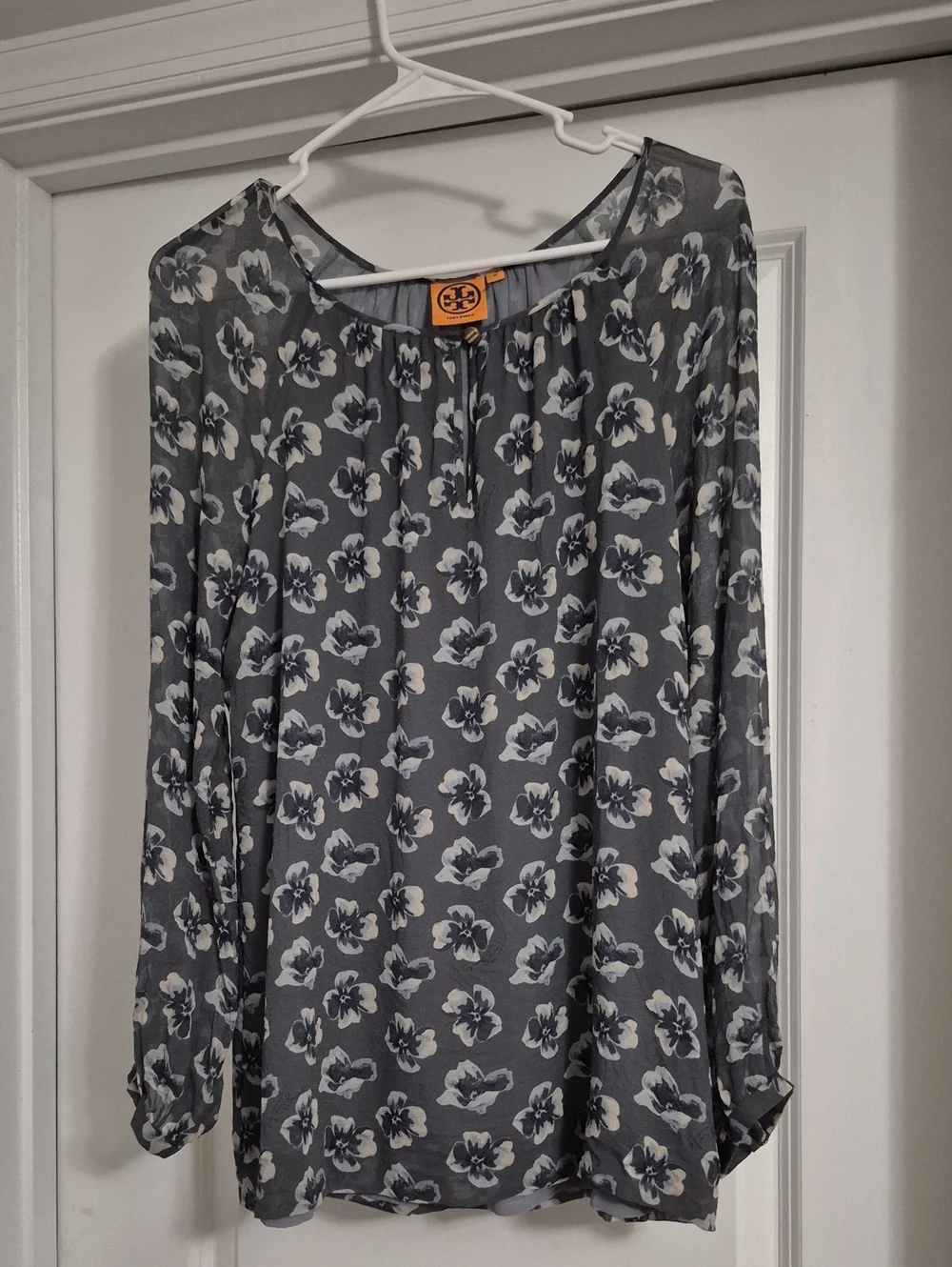 Tory Burch Gray and White Floral Long-Sleeve Blouse
